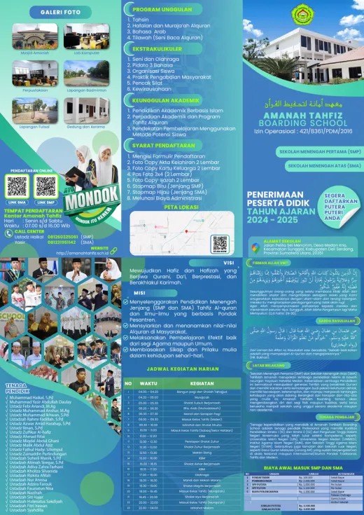 Poster informasi Amanah Tahfiz Boarding School: program unggulan, ekstrakurikuler, keunggulan akademik, syarat pendaftaran, jadwal kegiatan harian, dan biaya awal masuk SMP dan SMA